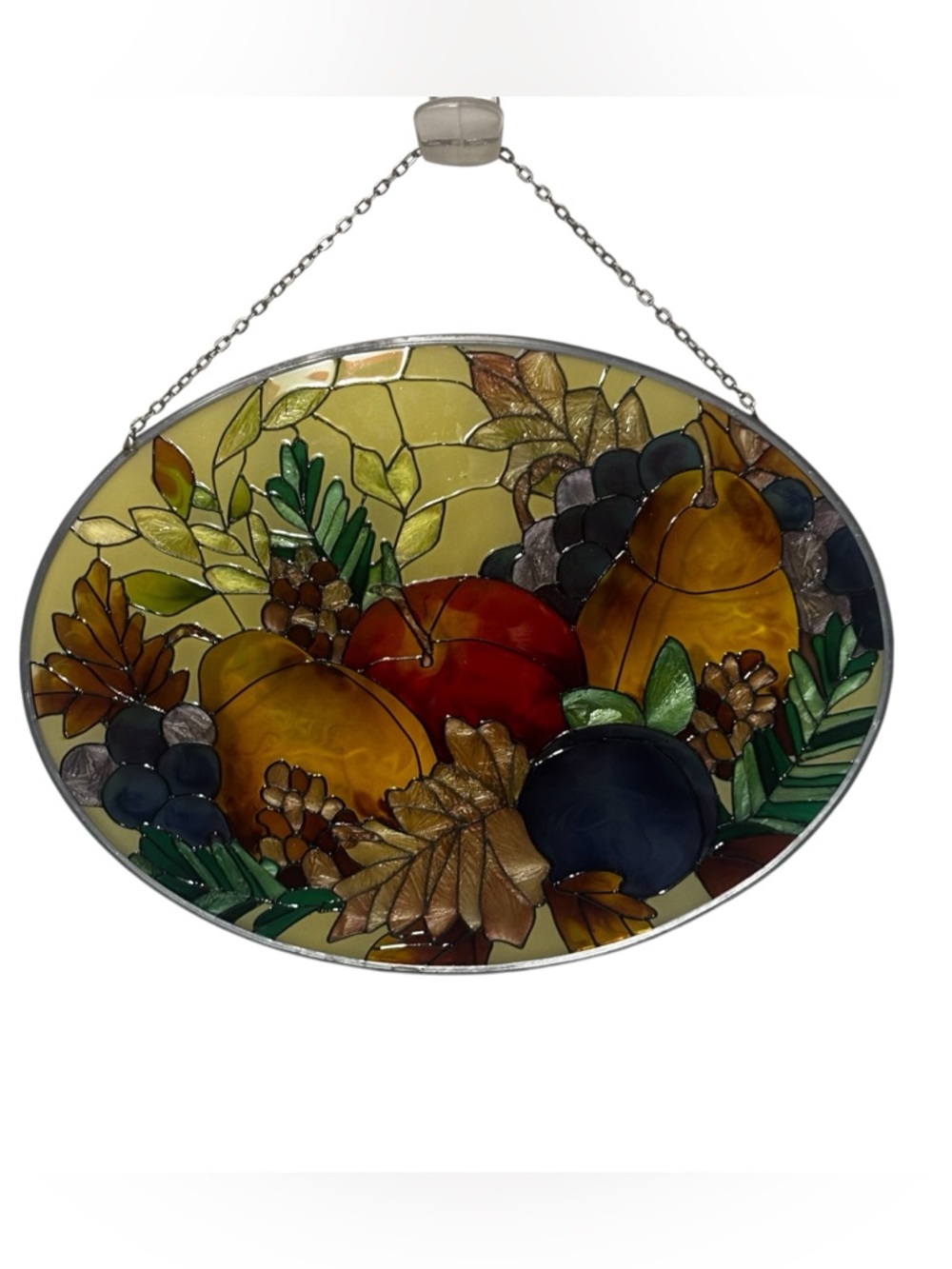 Hand Painted Glass Fruit and Leaf Suncatcher Oval Autumn Harvest Window Hanging